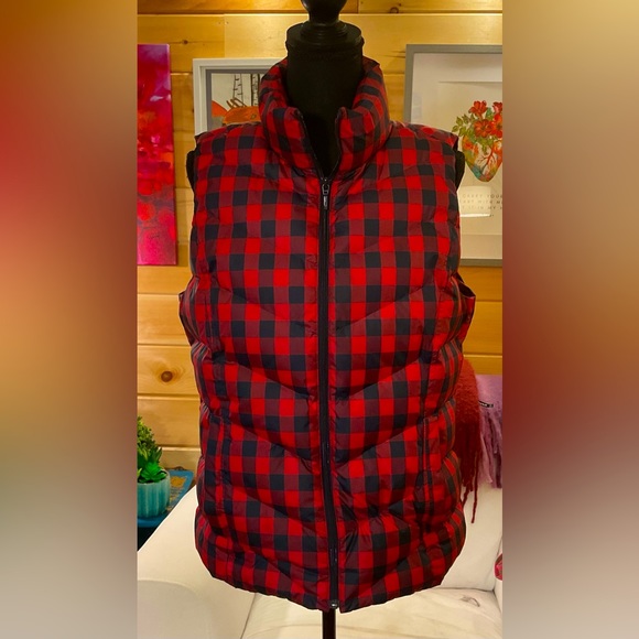 Land’s End Quilted Down Puffer Vest - Red/Navy Plaid - Picture 1 of 7